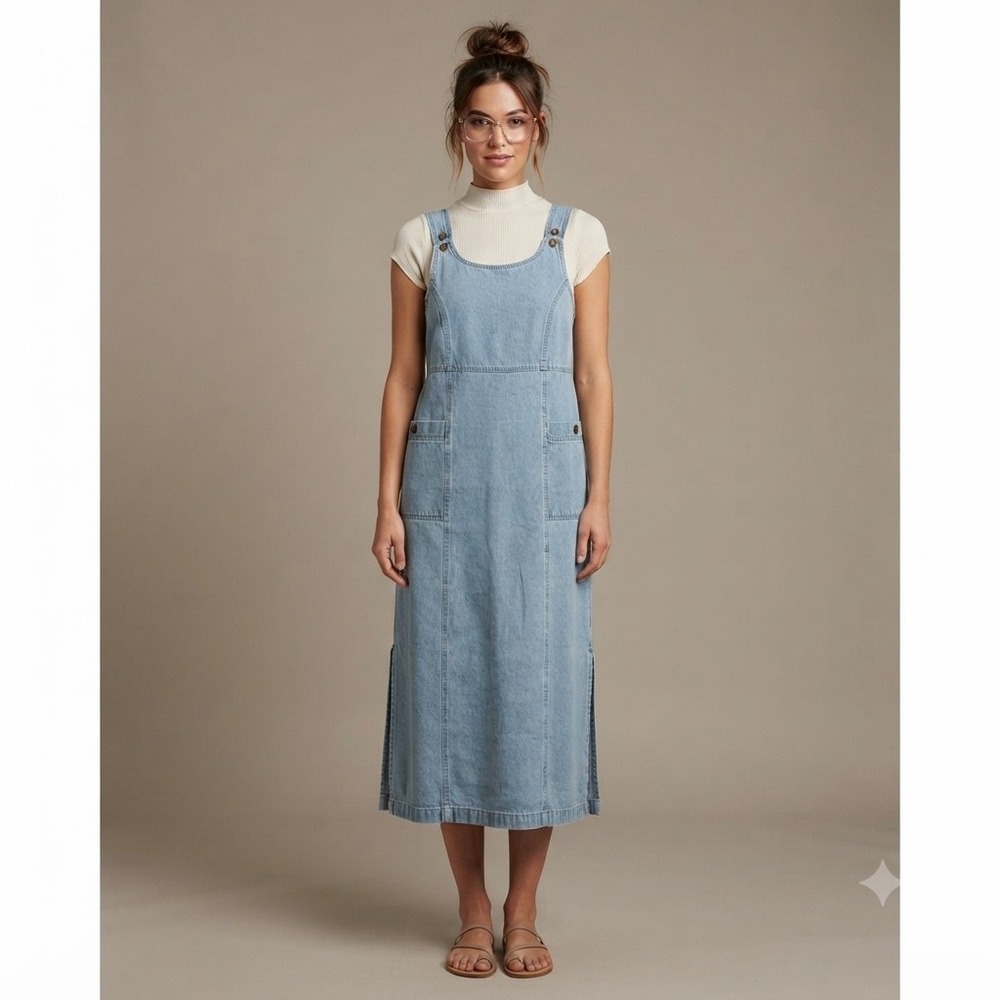 Cherokee 18W Denim Light Wash Denim Pinafore Dress Tie Back Cottage 90s Teacher